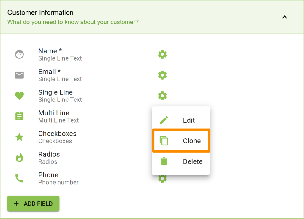 Clone Custom Fields via the sidebar option. 