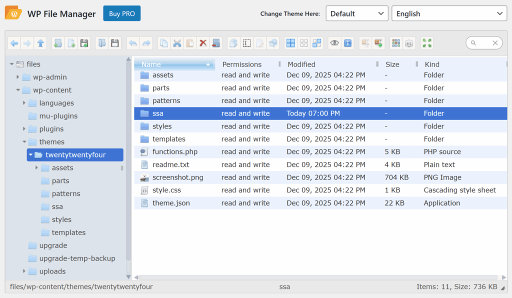 SSA folder within the active theme has been created