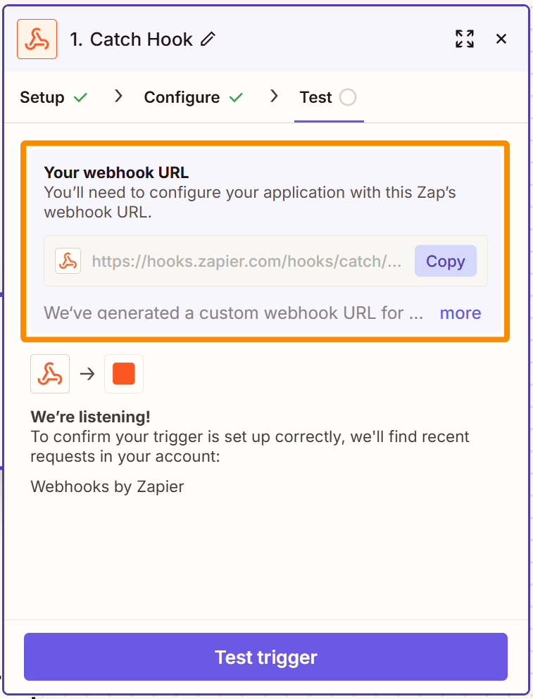Custom Webhook URL ready to copy.