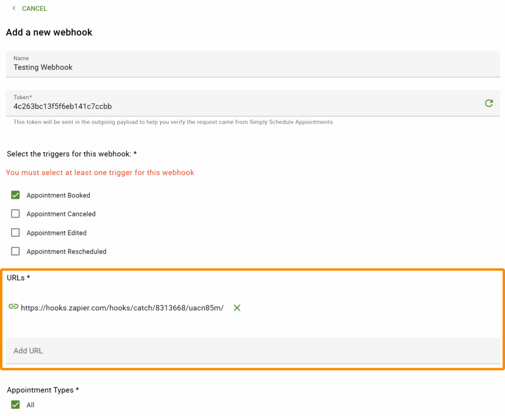 Screenshot depicting the URL copied from Zapier got pasted within SSA.