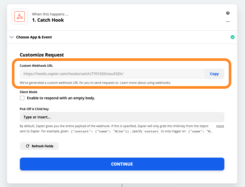 Custom Webhook URL Zapier Integration