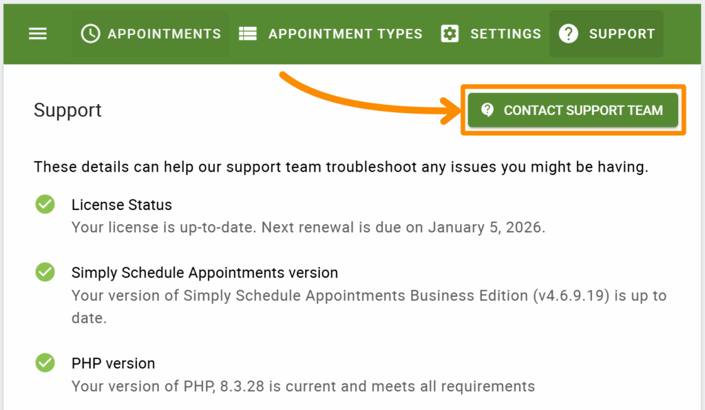 Screenshot depicting where to locate the Contact Support Team button to open a ticket.