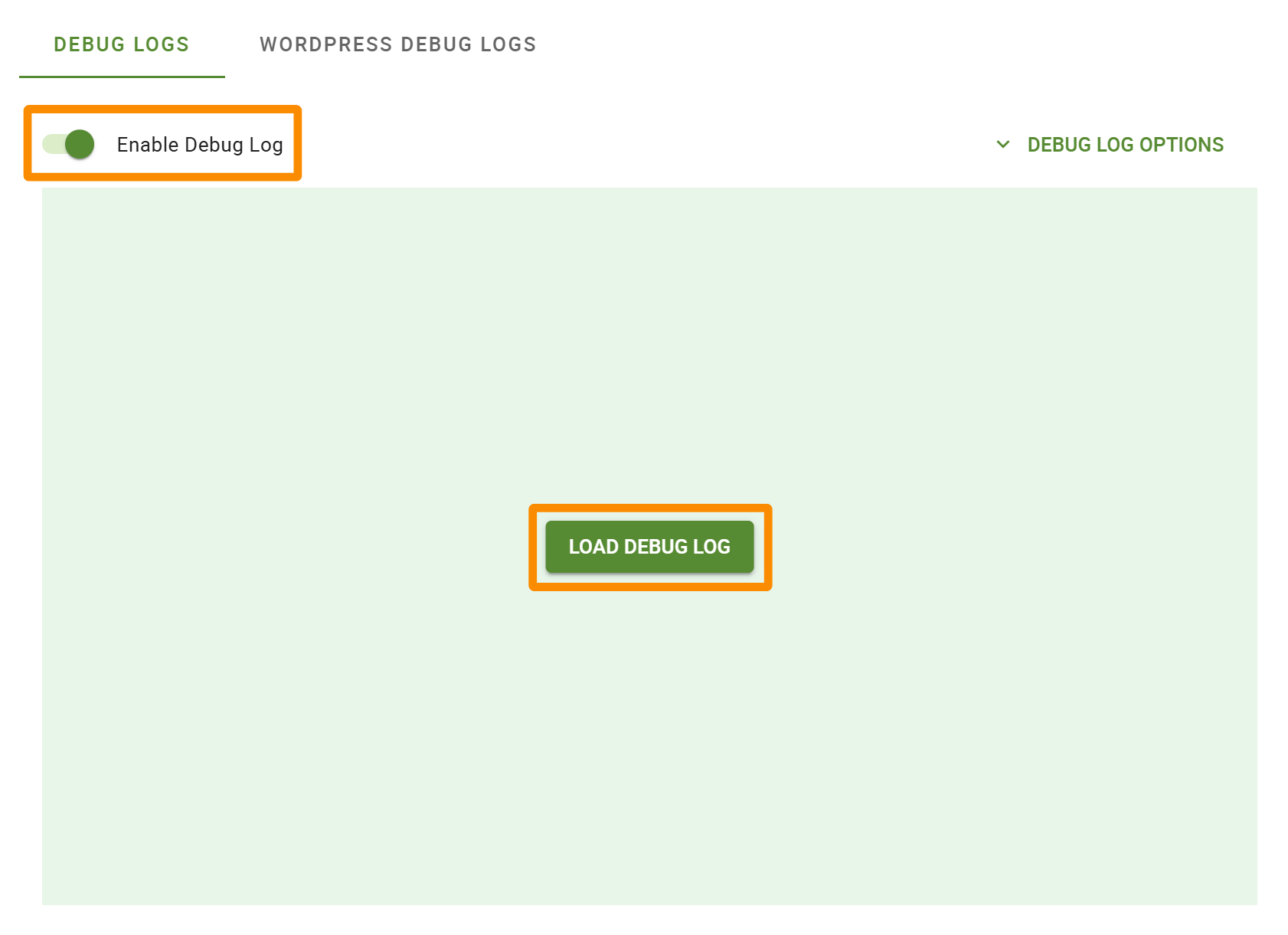 The option to enable and access either debug or wordpress logs