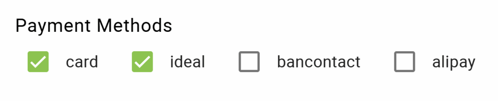 Payment methods depicting the card, ideal, bancontact, and alipay methods.