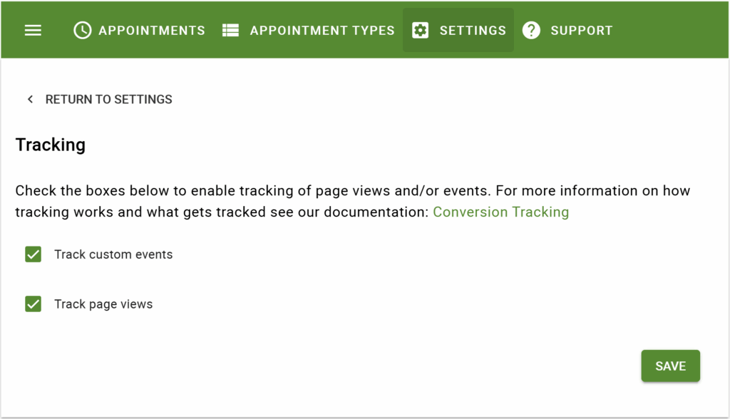 Tracking feature options to select within the SSA plugin.