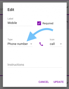 Screen shot of the customer information field showing the phone number type selected
