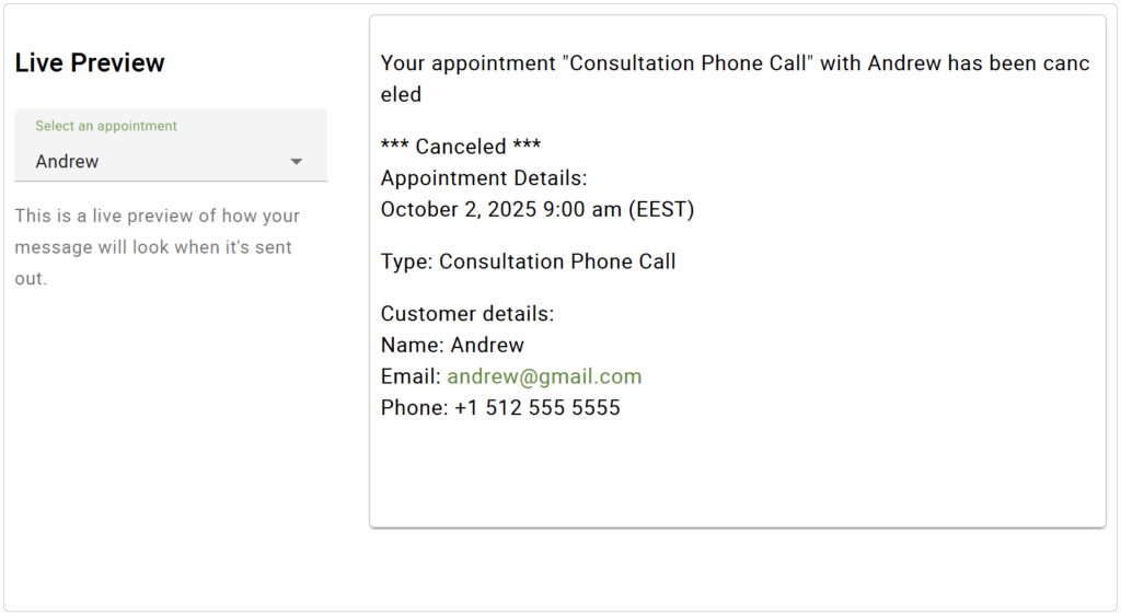 Live preview of the canceled appointment email viewed by admin.