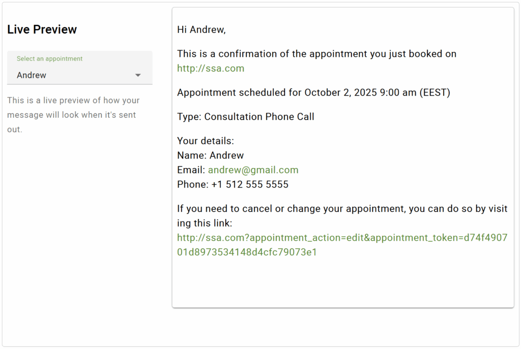 Live preview of Lauren's email confirmation for the appointment viewed by a customer.