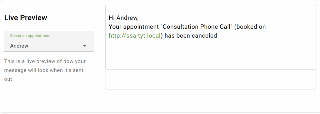 Live preview of the canceled appointment email viewed by customer.