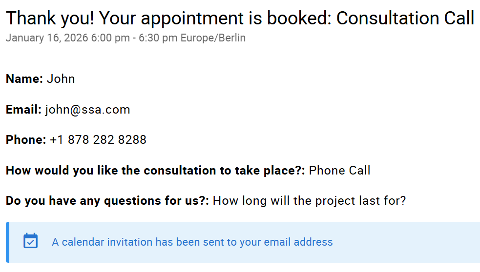 Screenshot depicting a booking form with a booked appointment.