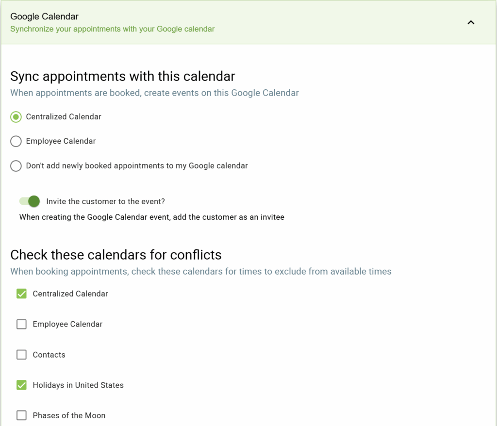 Appointment Type settings and Google Calendar section expanded.