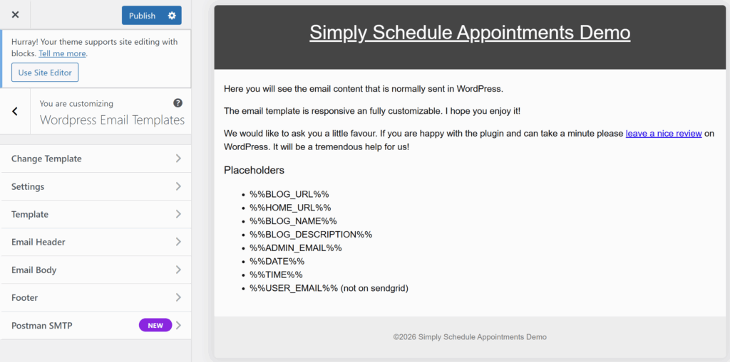 The Email Templates plugin page displaying the default email template