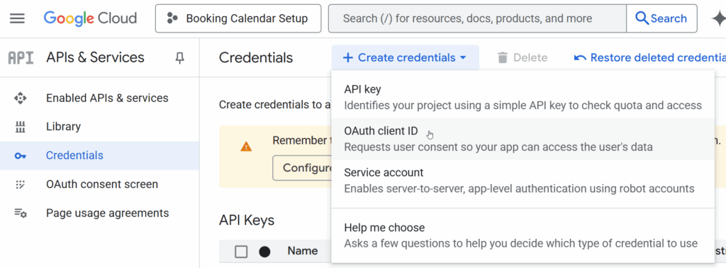Create Credentials in the dashboard.