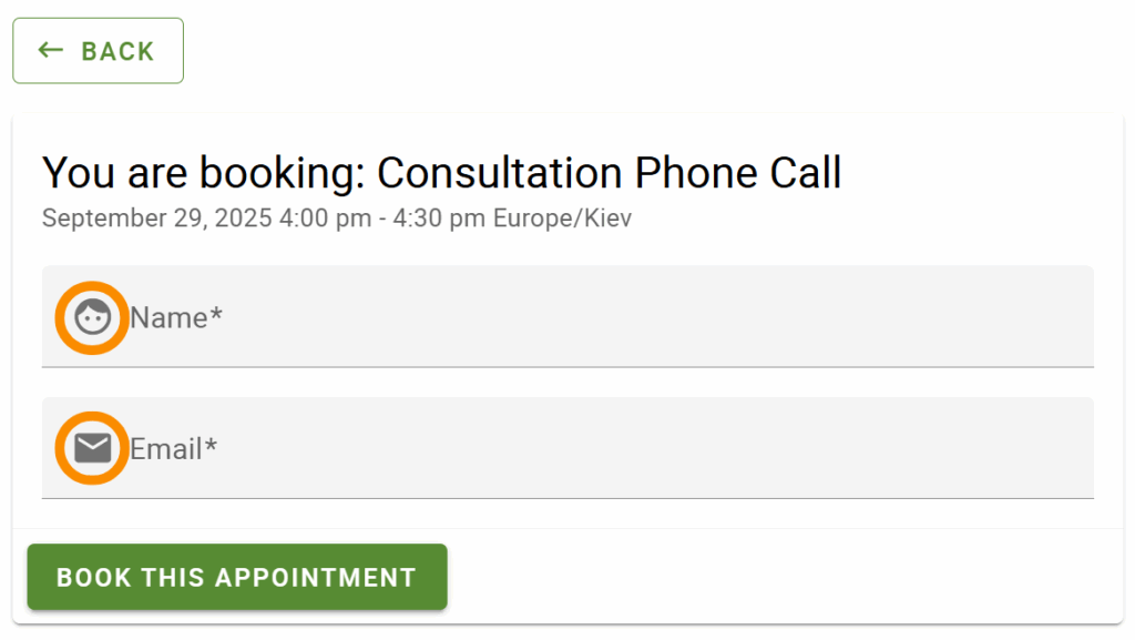 Field Icons on the booking form highlighted and shown right next to the field labels.