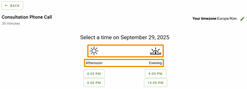 Time of Day category heading and icons highlighted on the time selection screen.