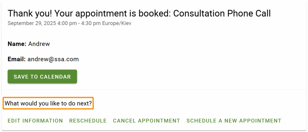 Confirmation screen with all the buttons included