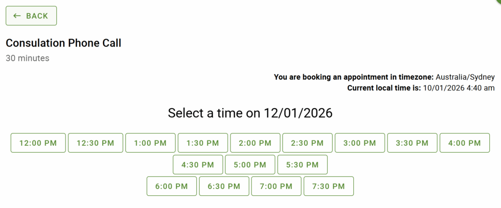 Single time slots displayed in a row