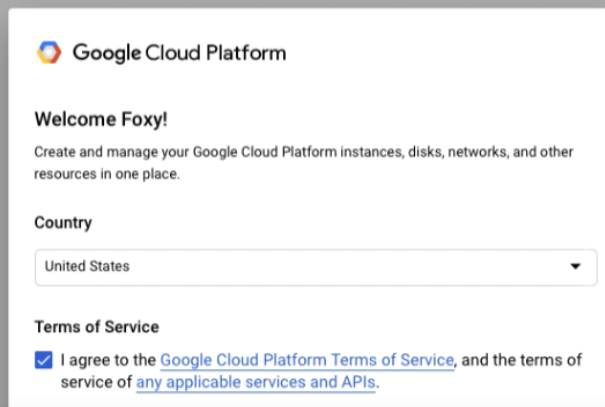 Accepting the Terms of Service in Google Cloud.