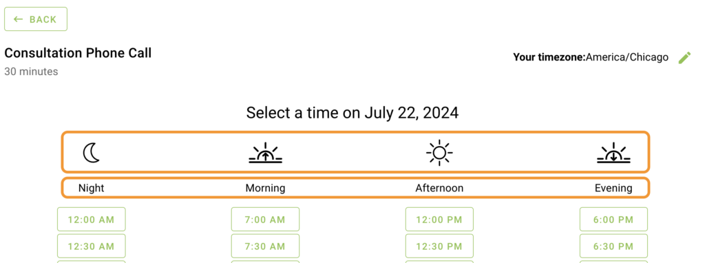 The time category icons and headings are highlighted on the time selection screen.