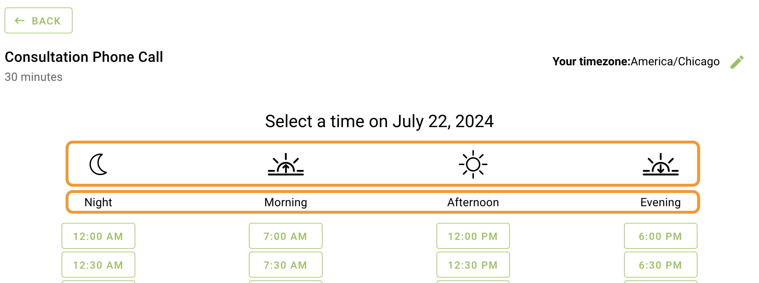 Time of Day category heading and icons highlighted on the time selection screen.