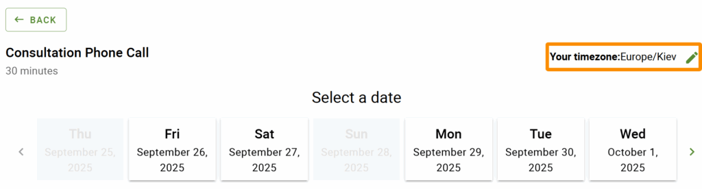 Date selection screen, timezone outlined in top right corner of interface.