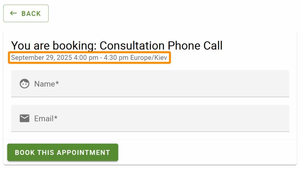 Start and End Times for the Appointment Highlighted on the Booking Form page.