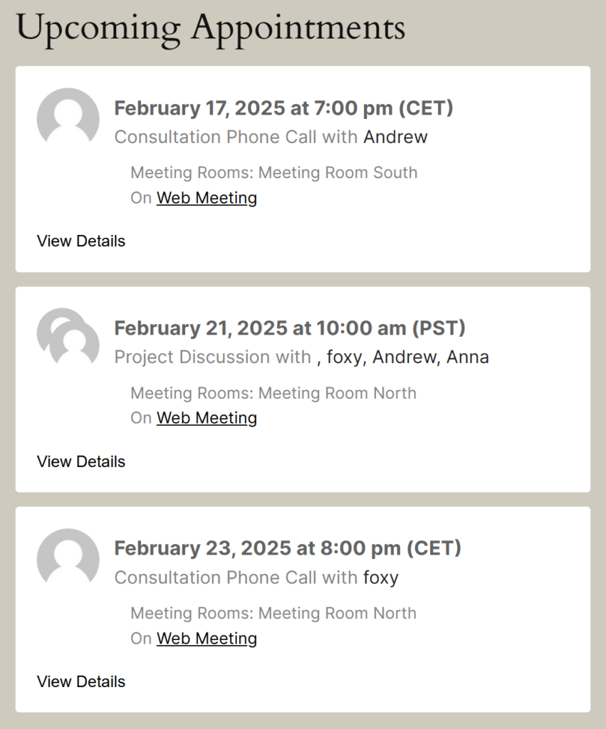 Upcoming Appointments Module displaying booked appointments, with all options toggled on.