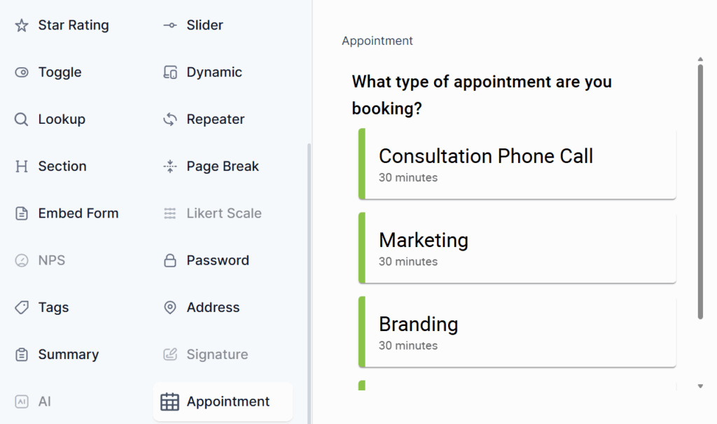 Formidable Forms integration with SSA, with the Appointments field added to the form.