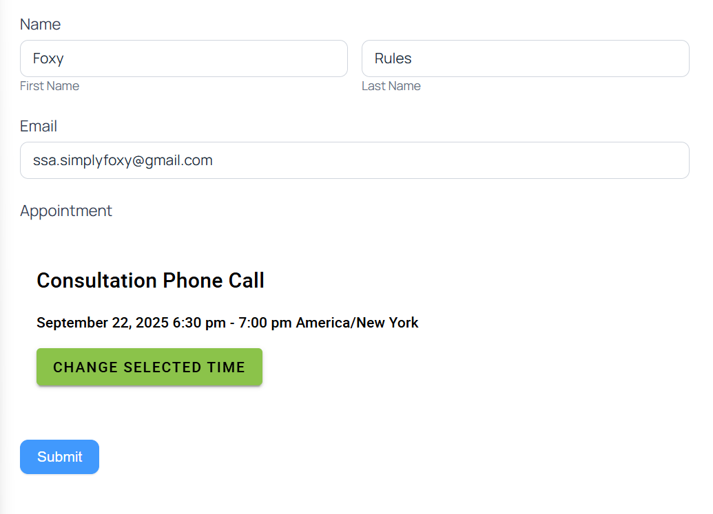 Formidable Forms filled out with Simply Schedule Appointments booked with a time and date.