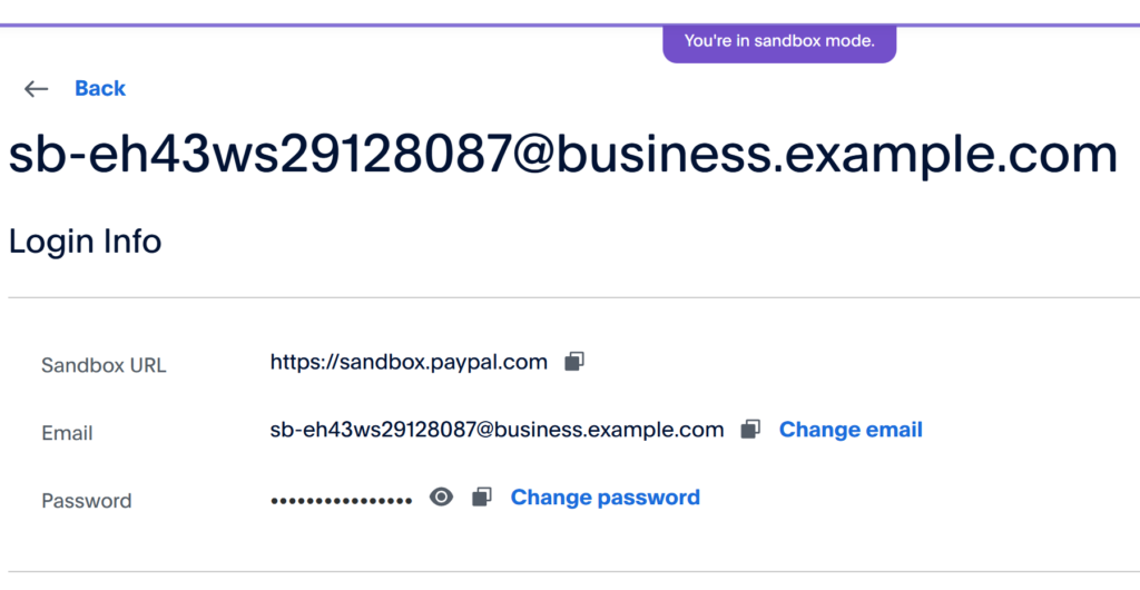 The Email and Password field within the PayPal Test mode.