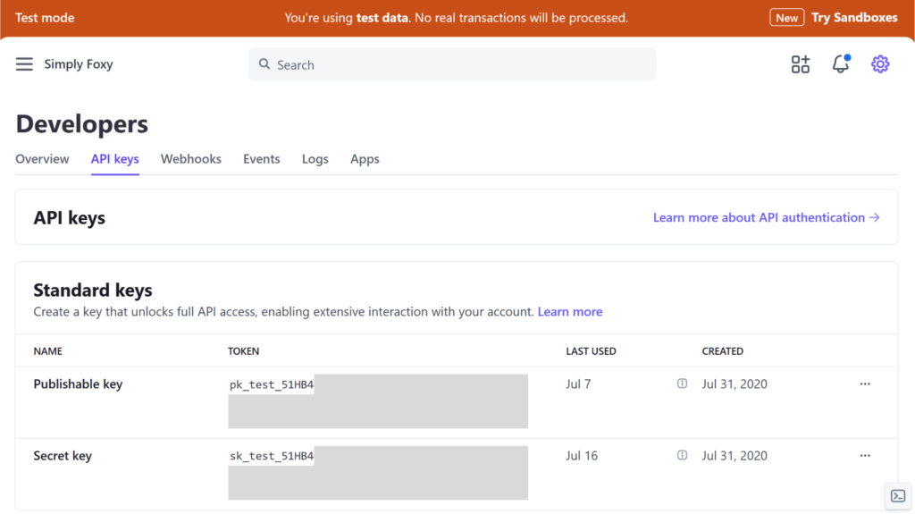 Publishable and Secret Keys that can be copied from the Stripe account