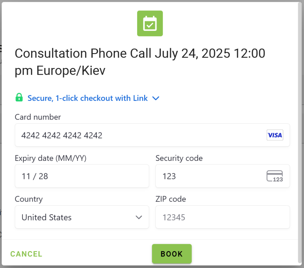 Test Data from stripe entered on the checkout