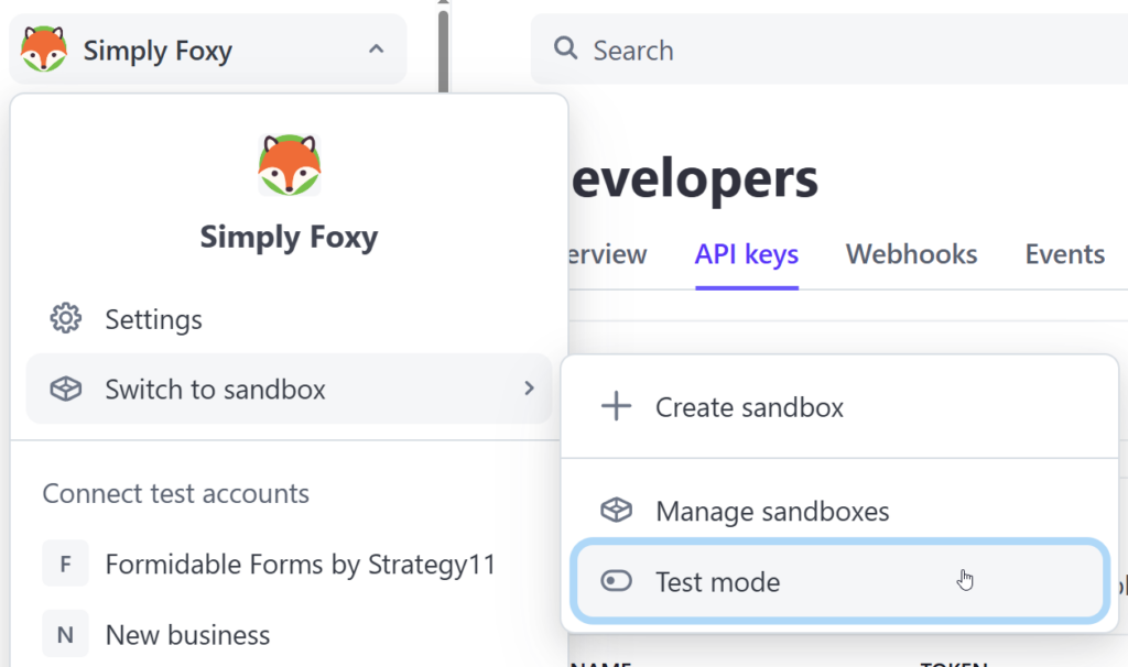 The screenshot shows how to enable the test mode within Stripe Account