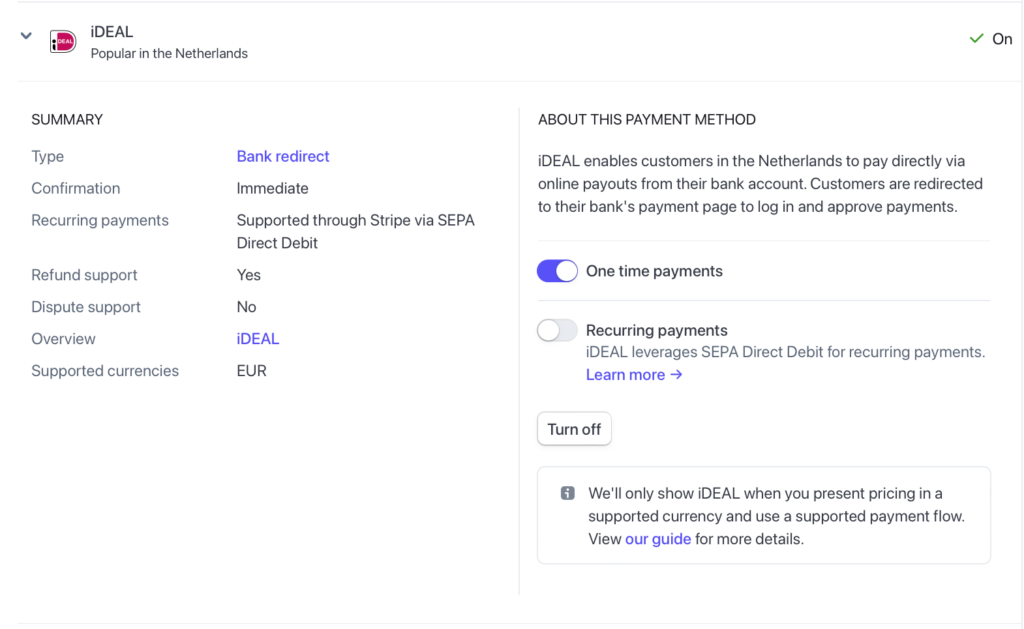 The Bank redirect section in the Stripe Payment Method settings. iDEAL is shown as enabled.