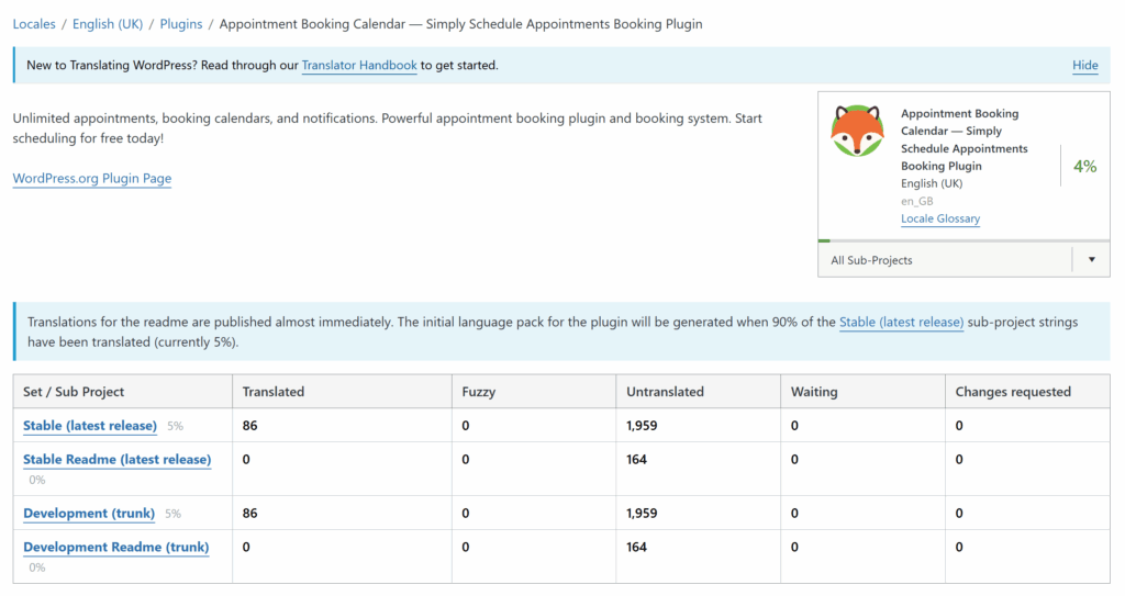 Viewing The Language Pack Details Page in the WordPress Translation System