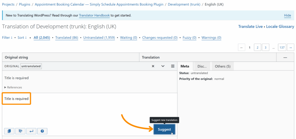 Add New Translation for a phrase and Suggest in order to make the translation available in the development trunk for use