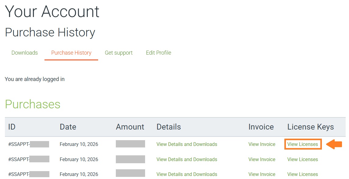 View Licenses selected in the last column of the Purchases table, under the License Keys column.