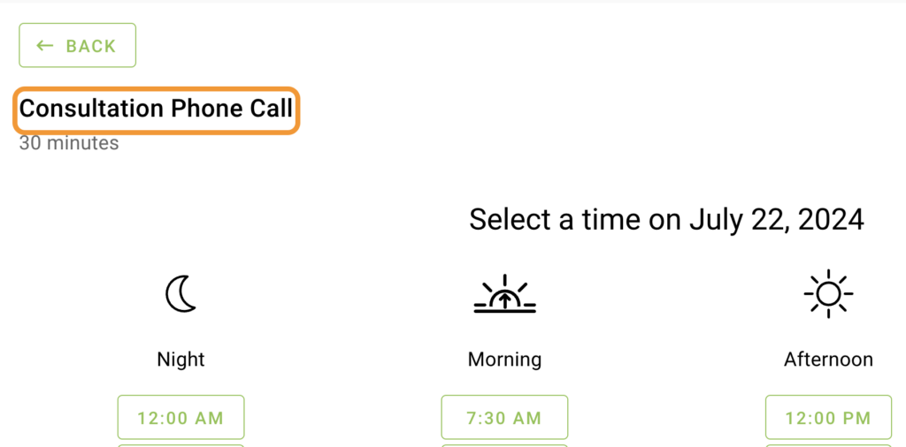 The appointment type title for date and time screens is highlighted.