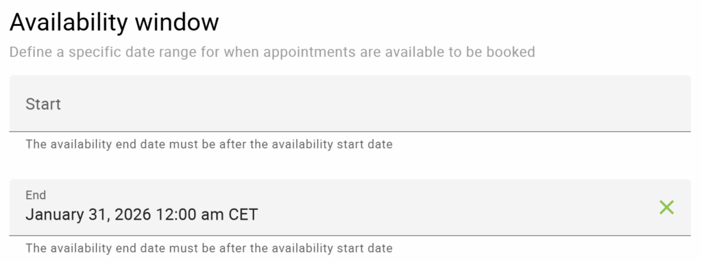 Selecting only the end date in the Availability Window setting in the Appointment Type settings