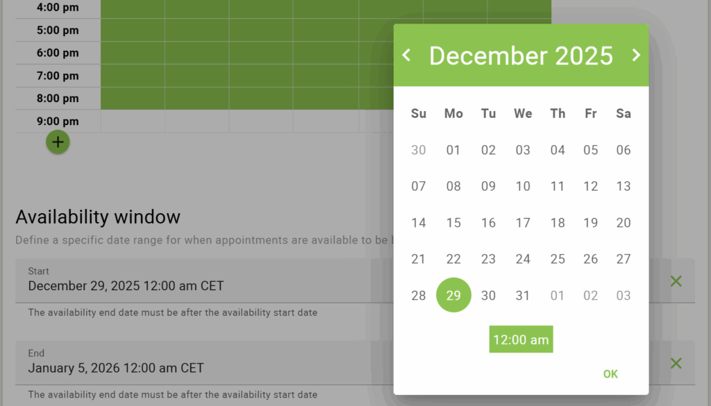 Selecting an End Date for the week-long Availability Window in the Appointment Type Settings