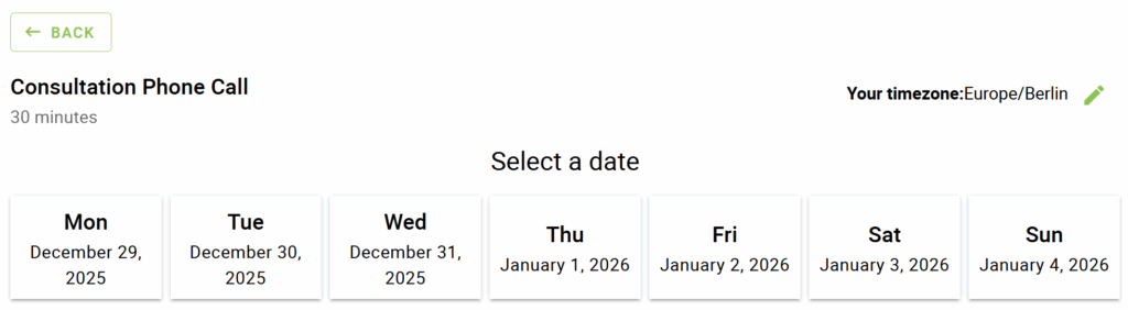Week long window only displaying available dates between the Monday and Sunday that we selected in the Availability Window settings.