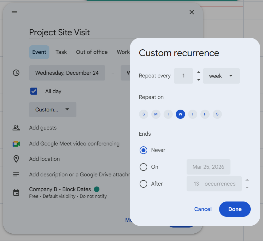 Setting up an event in Google Calendar and adding a recurring rule to the event