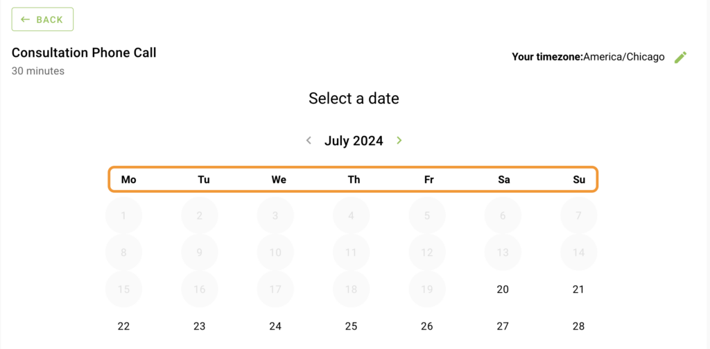Monthly view day names are highlighted
