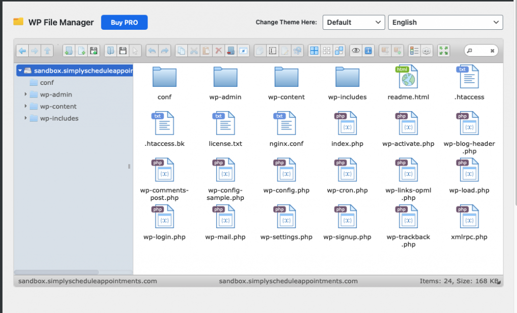 Screenshot depicting the WP File Manager first landing screen.