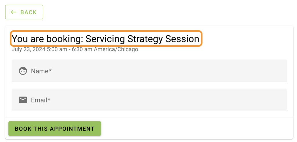 "you are booking..." header is highlighted