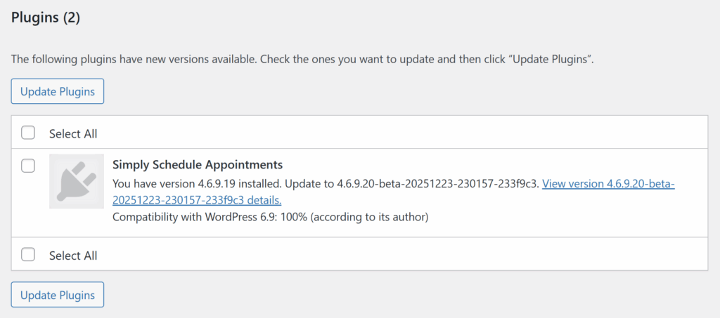 Highlighting the beta version in the latest update for Simply Schedule Appointments on the WordPress Updates page