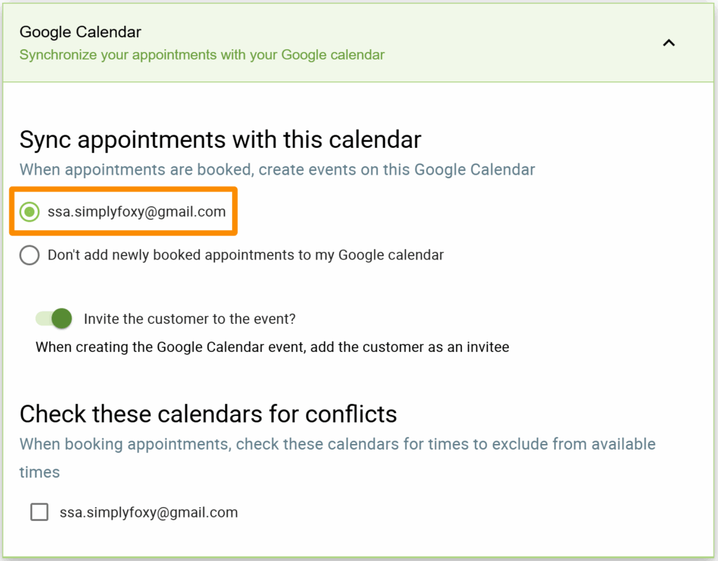 Screenshot displays a selected Google Account under the 'Sync appointment with this calendar' option.