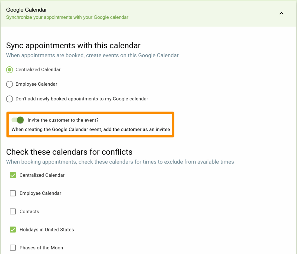 Turning on Google Calendar Invites in the Appointment Type Settings