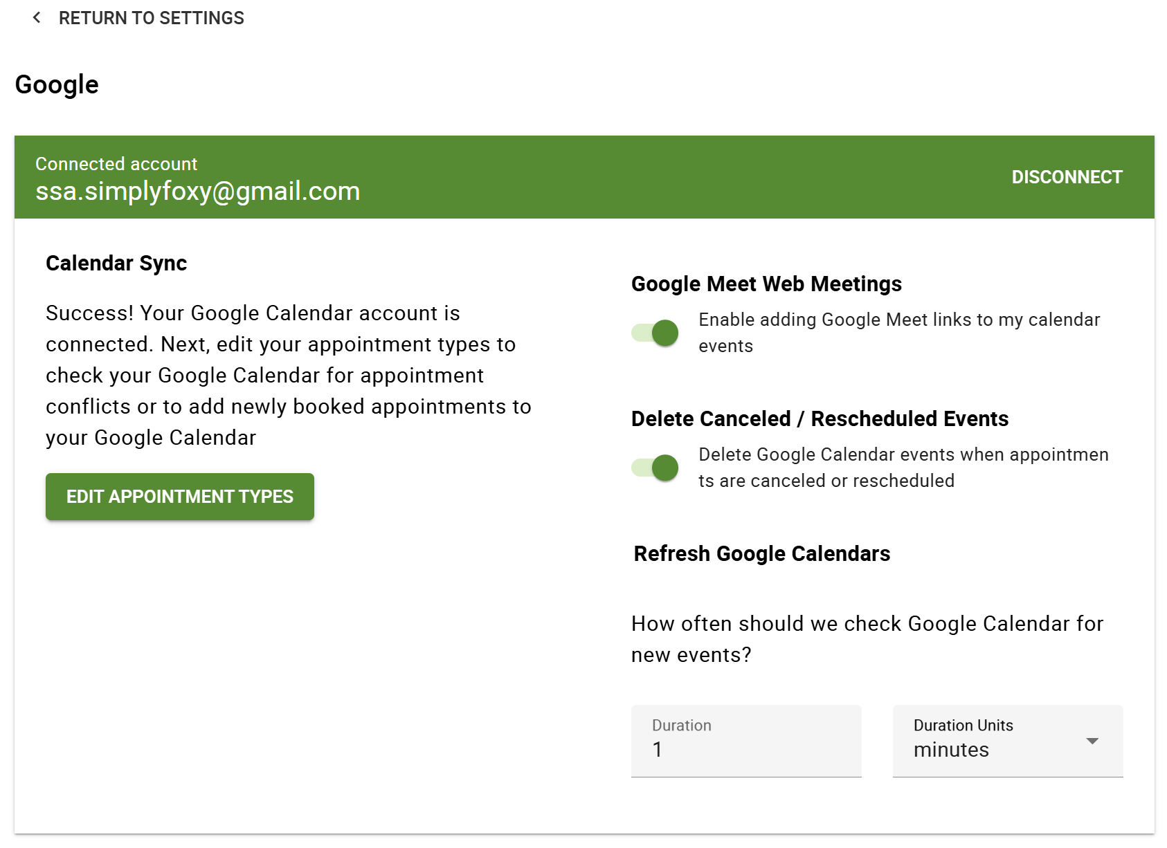 Screenshot depicting how to enable Google Meet web meetings in SSA's Google Settings.