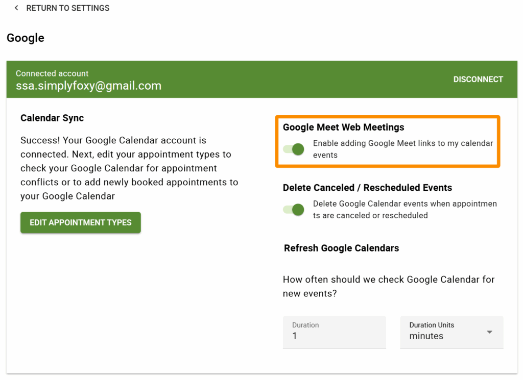 Screenshot depicting how to toggle on Google Meet web meetings in SSA's Google Settings.